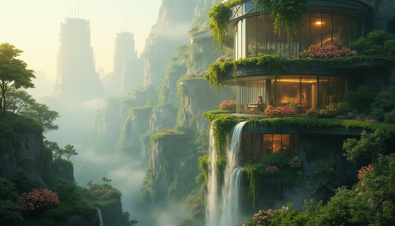 Prompt: Surreal landscape integration, futuristic skyscraper, merging architecture with nature, lush greenery, vines crawling up walls, blooming flowers on rooftops, waterfall cascading down glass façade, misty atmosphere, soft golden light, panoramic view, 3/4 composition, atmospheric perspective, vibrant colors, intricate details, organic shapes, eco-friendly materials, sustainable design, innovative structure, harmonious coexistence, serene ambiance.