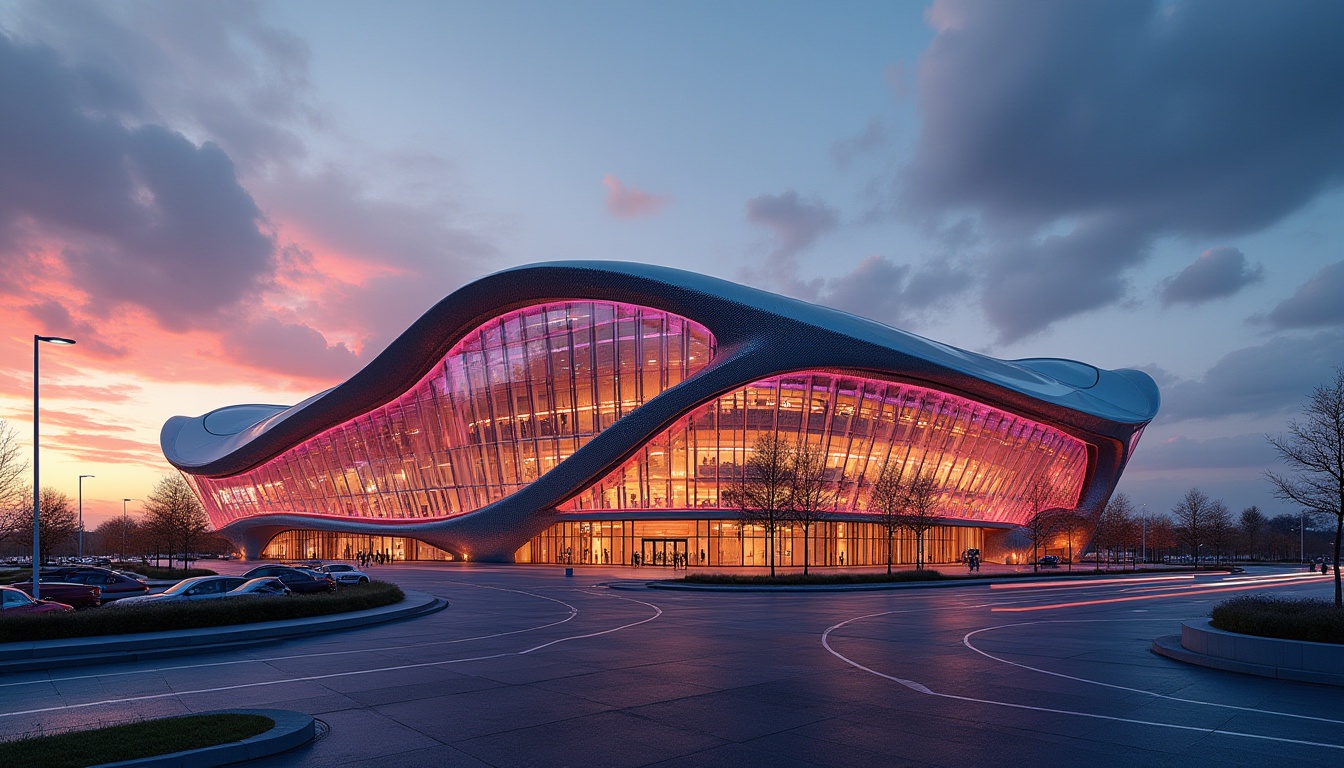 Prompt: Modern stadium, futuristic facade design, sleek lines, dynamic curves, LED light strip, transparent glass walls, steel framework, angular roof structure, grand entrance, majestic columns, vibrant color scheme, urban landscape, cityscape, sunset ambiance, dramatic lighting, low-angle shot, wide-angle lens, 3/4 composition.