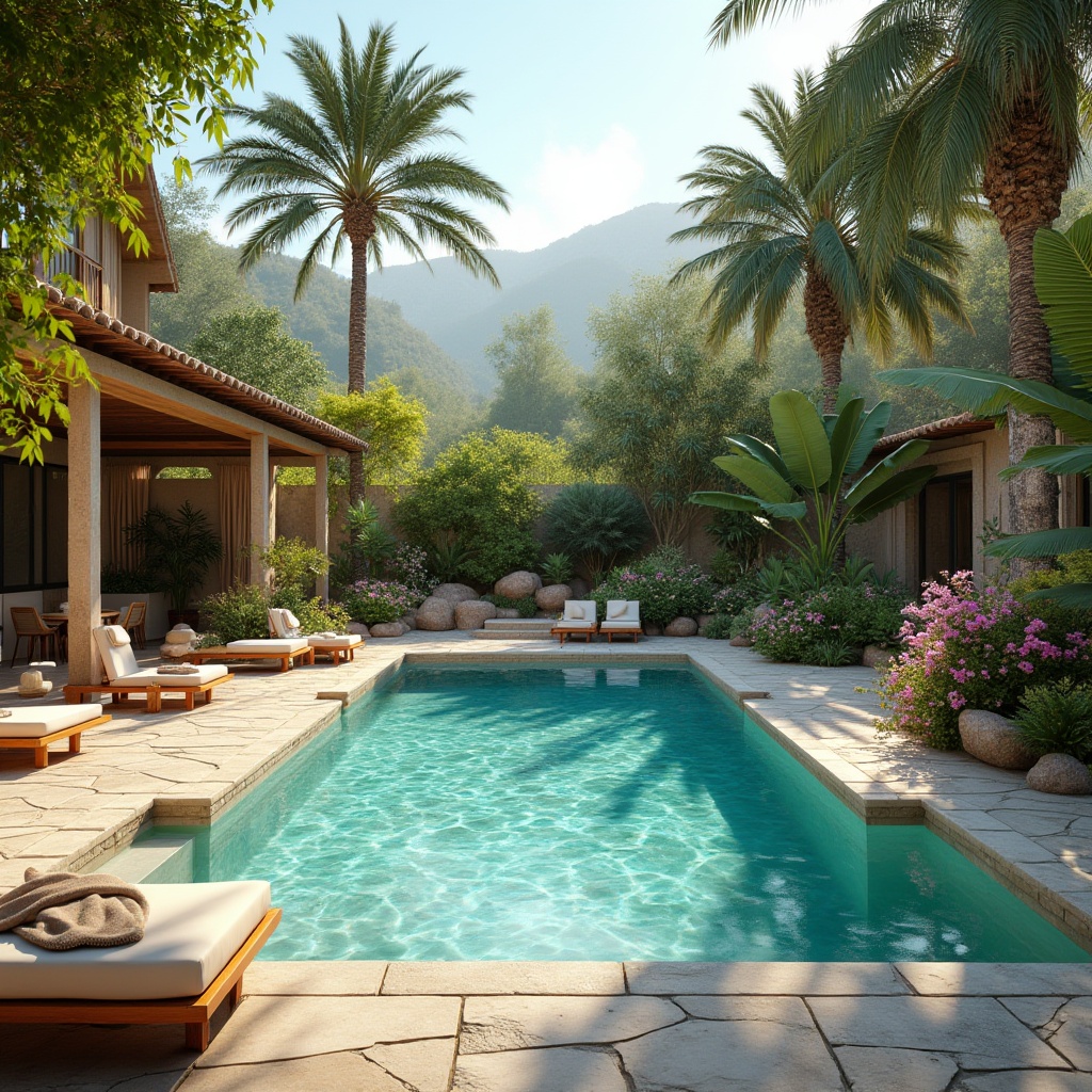 Prompt: Luxurious backyard, inviting outdoor space, sun-kissed pool, crystal clear water, gentle ripples, poolside lounge chairs, plush cushions, vibrant tropical plants, palm trees, colorful flowers, warm stone pavement, natural rock formations, soft ambient lighting, afternoon sunbeams, 3/4 composition, shallow depth of field, serene atmosphere, realistic render.