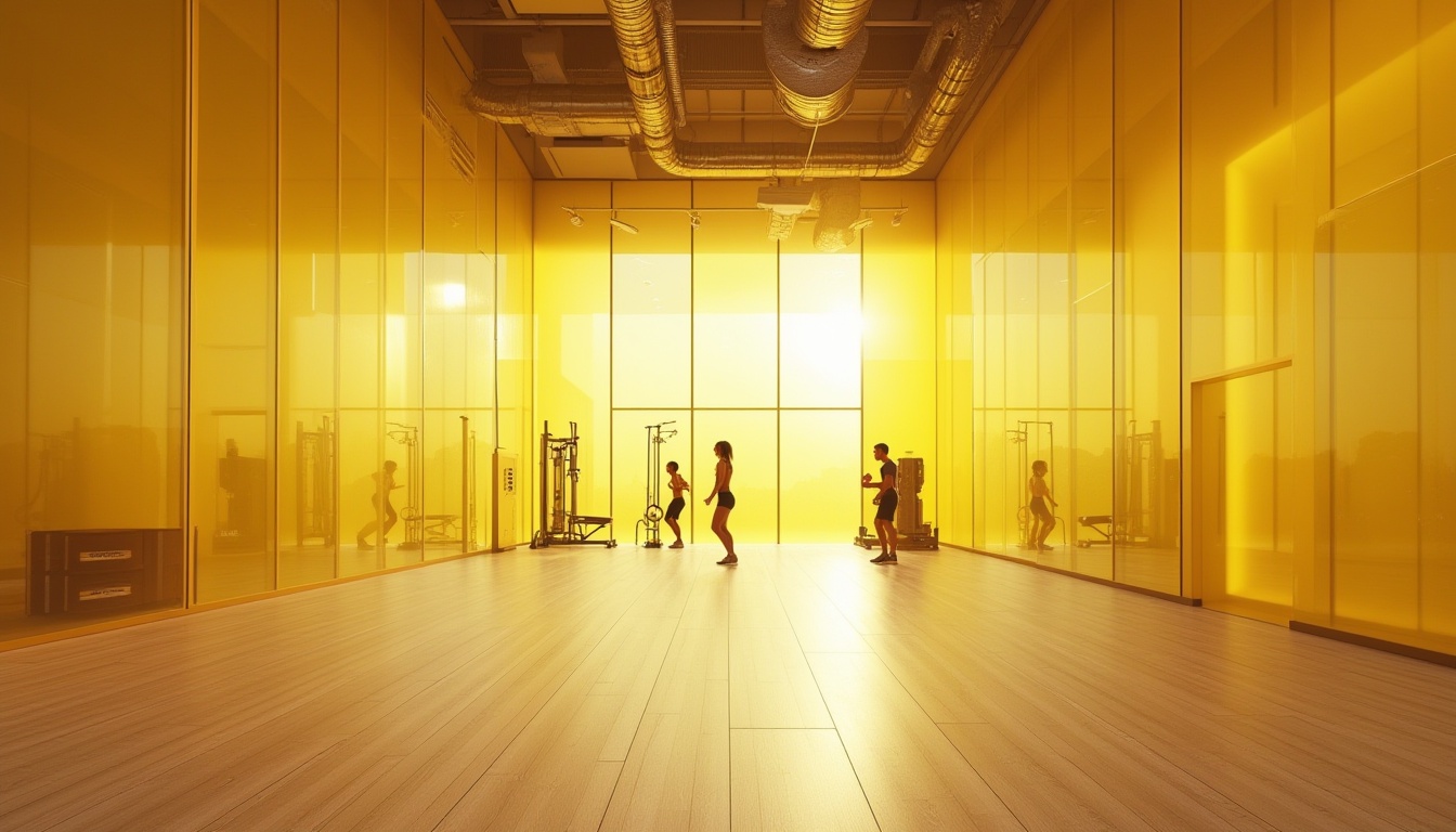 Prompt: Modern gymnasium interior, innovative use of light yellow colored glass, transparent walls, natural daylight pouring in, warm and inviting atmosphere, sleek wooden flooring, minimalist exercise equipment, few athletes exercising in the background, soft focus on their movements, shallow depth of field, blurred peripheral vision, high ceiling with exposed ductwork, industrial chic aesthetic, bright and airy ambiance, 3/4 composition, low-angle shot, dramatic lighting, subtle shadows.