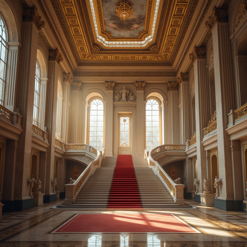 Prompt: Grand neoclassical building, intricate architectural detailing, ornate columns, carved marble, gold leaf accents, imposing stone statues, majestic grand staircase, luxurious red carpet, crystal chandeliers, high ceilings, large windows, urban cityscape, morning light, soft focus, shallow depth of field, warm color tone, cinematic composition.