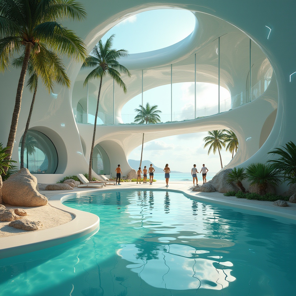 Prompt: Futuristic island gymnasium, sleek modern architecture, curved lines, gleaming metallic materials, transparent glass walls, neon lights, ocean views, palm trees surrounding, sandy beach, crystal clear turquoise water, sunny day, soft warm lighting, 3/4 composition, dynamic angles, athletic young adults, fitness enthusiasts, sporty outfits, trendy sneakers, high-tech exercise equipment, virtual reality training tools, holographic projections, minimalist interior design, ambient electronic music.