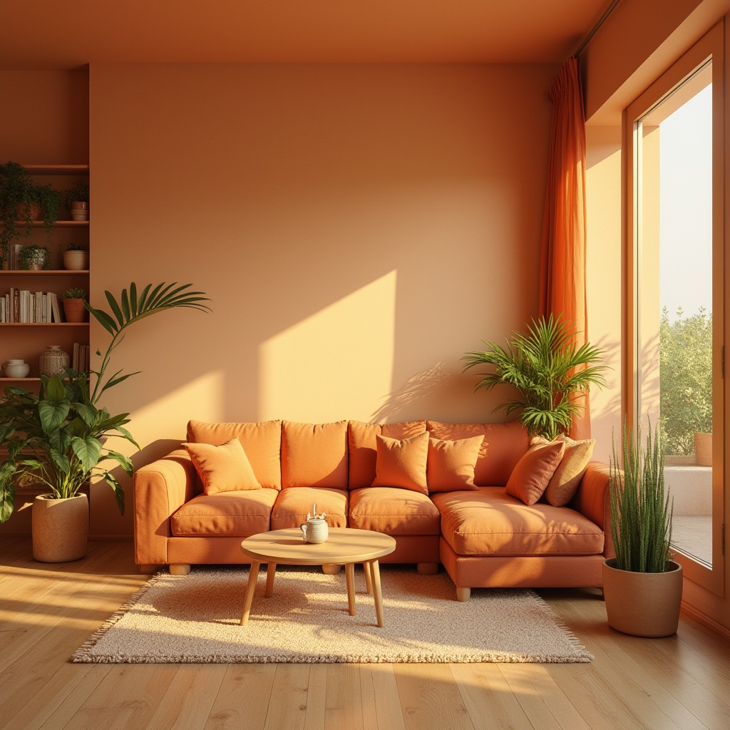 Prompt: Apricot color, vibrant orange-beige hue, warm atmosphere, natural texture, wooden furniture, minimalist interior design, cozy living room, modern villa, large windows, soft curtains, potted plants, greenery, warm lighting, afternoon sunbeams, 3/4 composition, shallow depth of field, realistic render, cinematic mood, bohemian style.