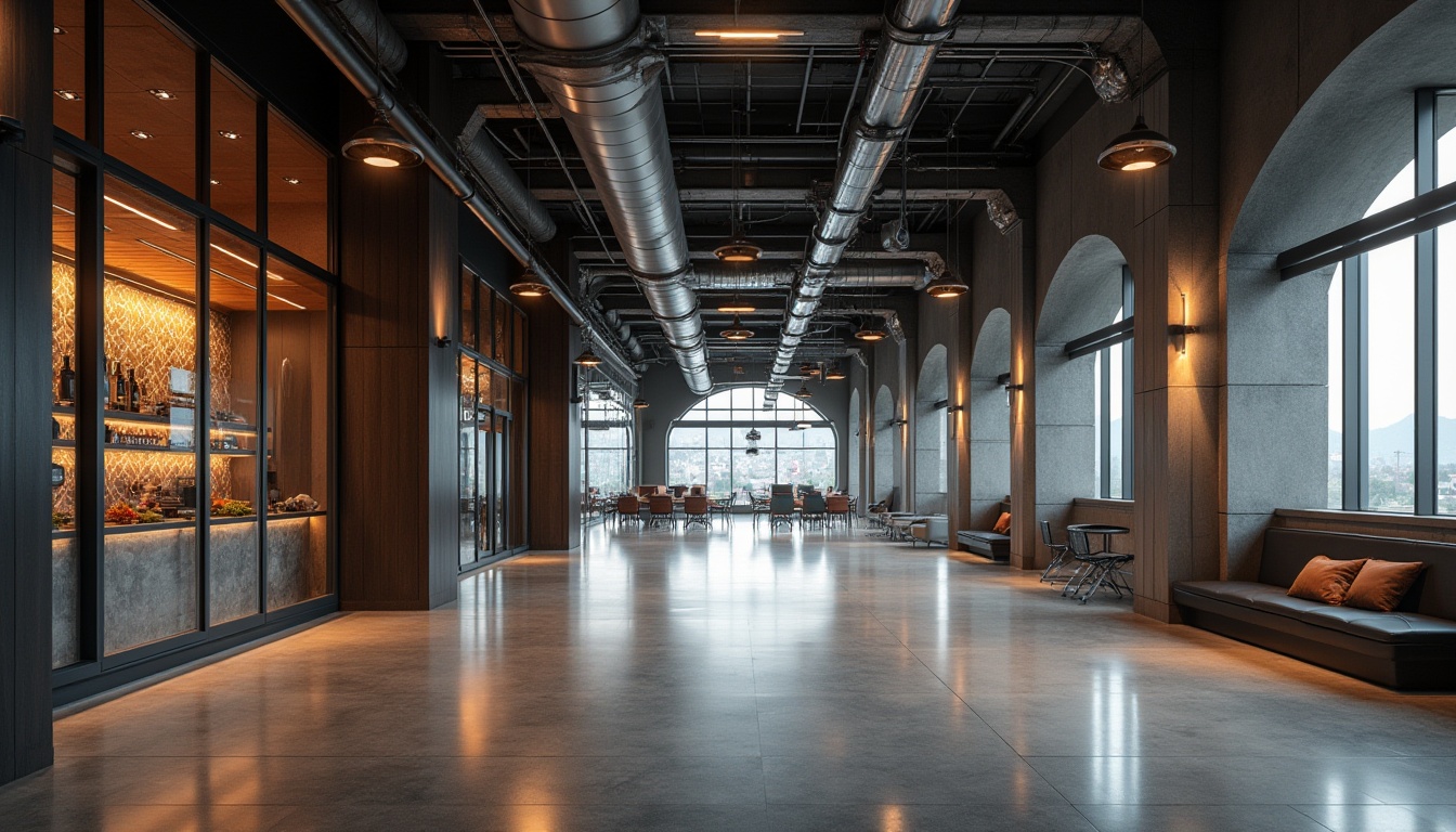 Prompt: Airport fusion style interior, modern minimalism, sleek lines, metallic accents, industrial chic, polished concrete floor, dark wood paneling, glass partitions, futuristic lighting fixtures, hexagonal tiles, exposed ductwork, urban loft atmosphere, 3/4 composition, low-angle shot, warm softbox lighting, cinematic mood.