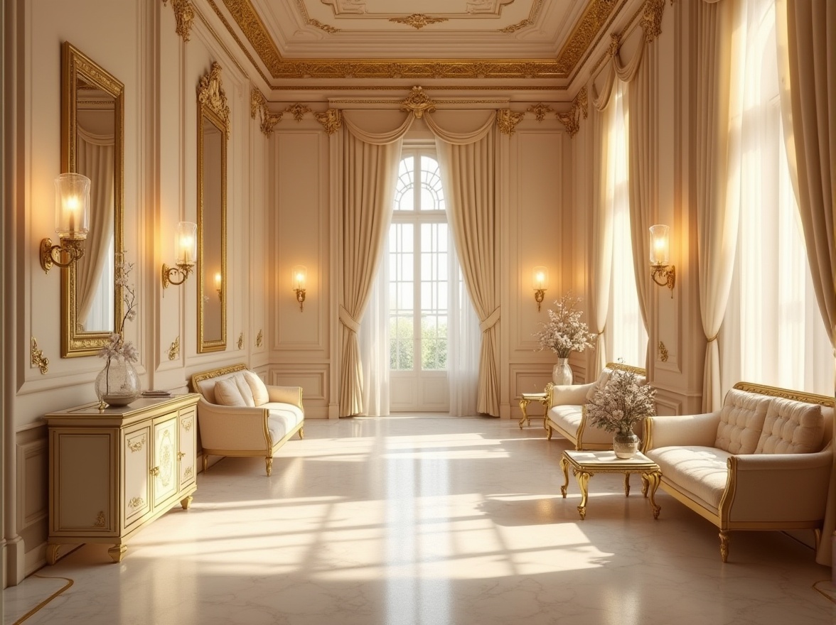 Prompt: Neoclassicism style, harmonious color palette, beige walls, cream-colored marble floors, ornate gold frames, soft velvet drapes, gentle silk fabrics, subtle flower patterns, elegant furnishings, intricate carvings, warm candle lighting, 3/4 composition, shallow depth of field, Renaissance-inspired architecture, grand interior halls, luxurious atmosphere, soft focus, warm ambient light.