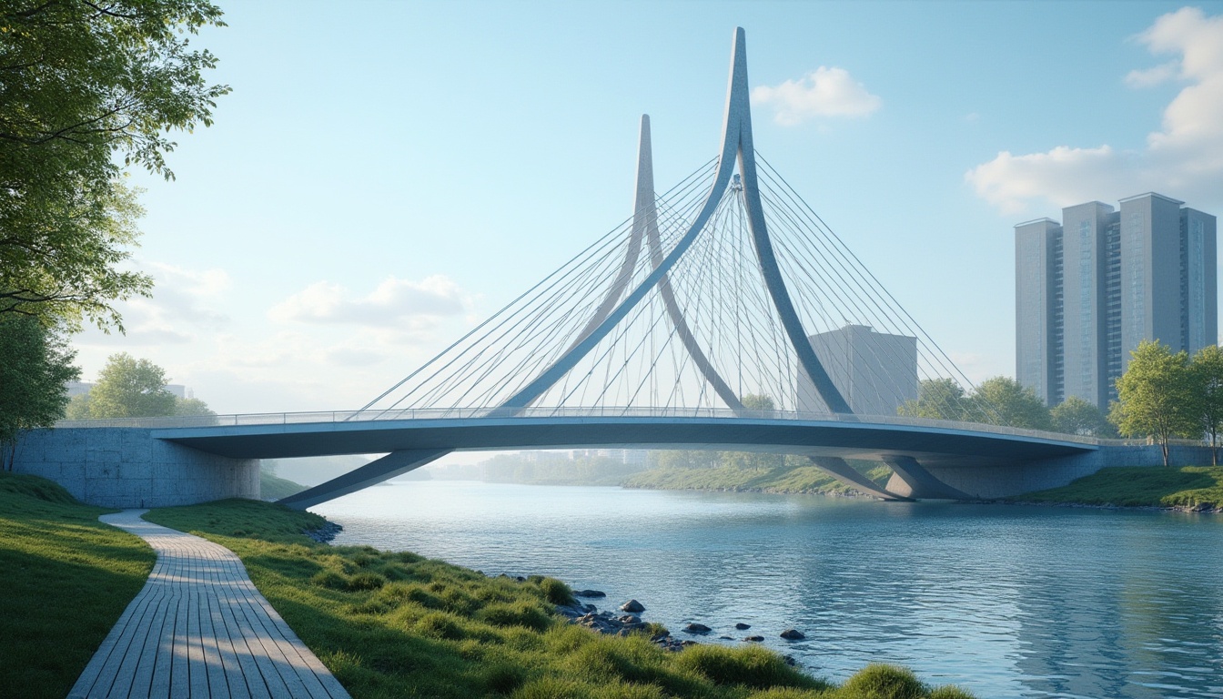 Prompt: Minimalist bridge, sleek lines, silver metal structure, clean curves, modern aesthetic, urban cityscape, daytime, blue sky with few clouds, gentle mist, river flowing beneath, lush greenery along riverbanks, wooden pedestrian path, subtle shadows, 3/4 composition, shallow depth of field, soft natural light, cinematic atmosphere.