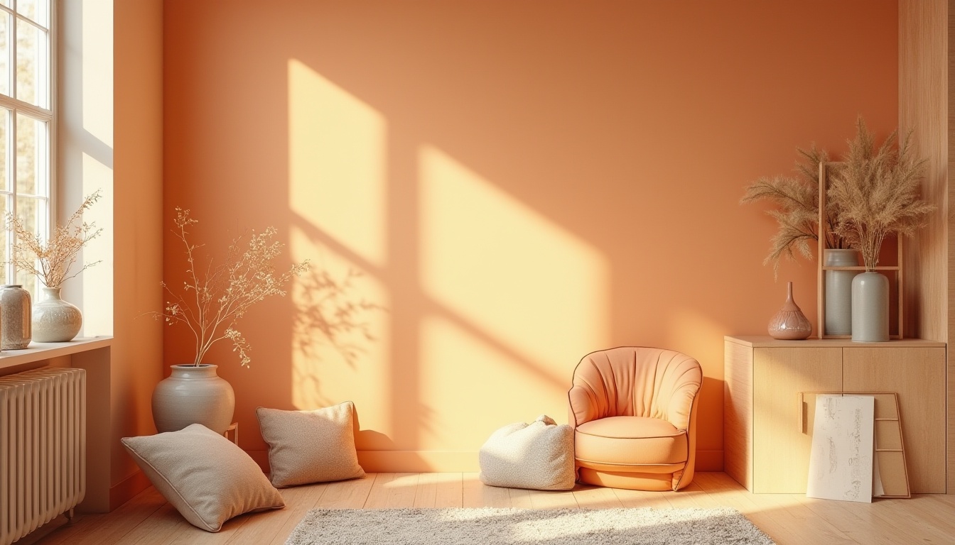 Prompt: Apricot color, vibrant warm tone, pastel hue, gentle glow, subtle gradient, decorative accents, modern minimalist interior, Scandinavian style furniture, wooden textures, soft cushions, natural fabrics, earthy atmosphere, cozy reading nook, warm lighting, morning sunlight, calm ambiance, 3/4 composition, shallow depth of field.