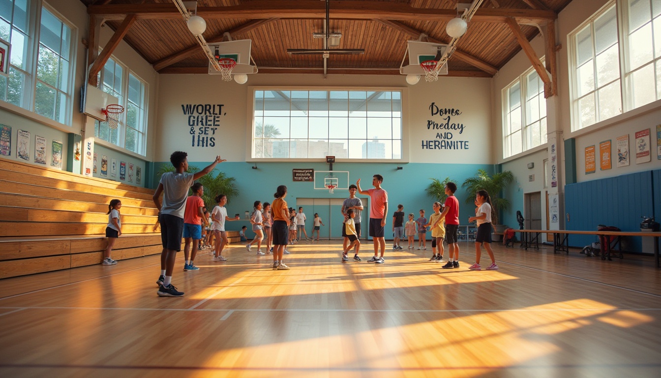 Prompt: Modern gymnasium, community engagement, vibrant colors, wooden flooring, basketball hoops, bleachers, inspirational quotes on walls, natural light pouring through large windows, green plants, trophies and medals on display cases, athletes of different ages, genders, and ethnicities interacting, smiling, and high-fiving, motivational posters, fitness equipment, exercise mats, sports-themed murals, dynamic angles, panoramic view, soft lighting, warm atmosphere, 3/4 composition, shallow depth of field.