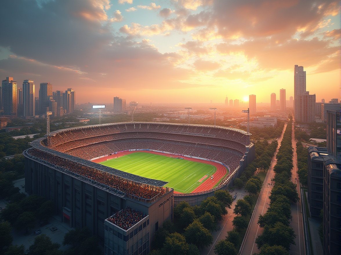 Prompt: Integrating stadiums, industrial areas, modern architecture, steel beams, concrete floors, urban landscape, cityscape, sunset time, warm lighting, panoramic view, 3/4 composition, dynamic angles, vibrant colors, sports fans, energetic atmosphere, stadium seats, green grass, athletic tracks, urban planning, innovative design, functional integration, mixed-use development.