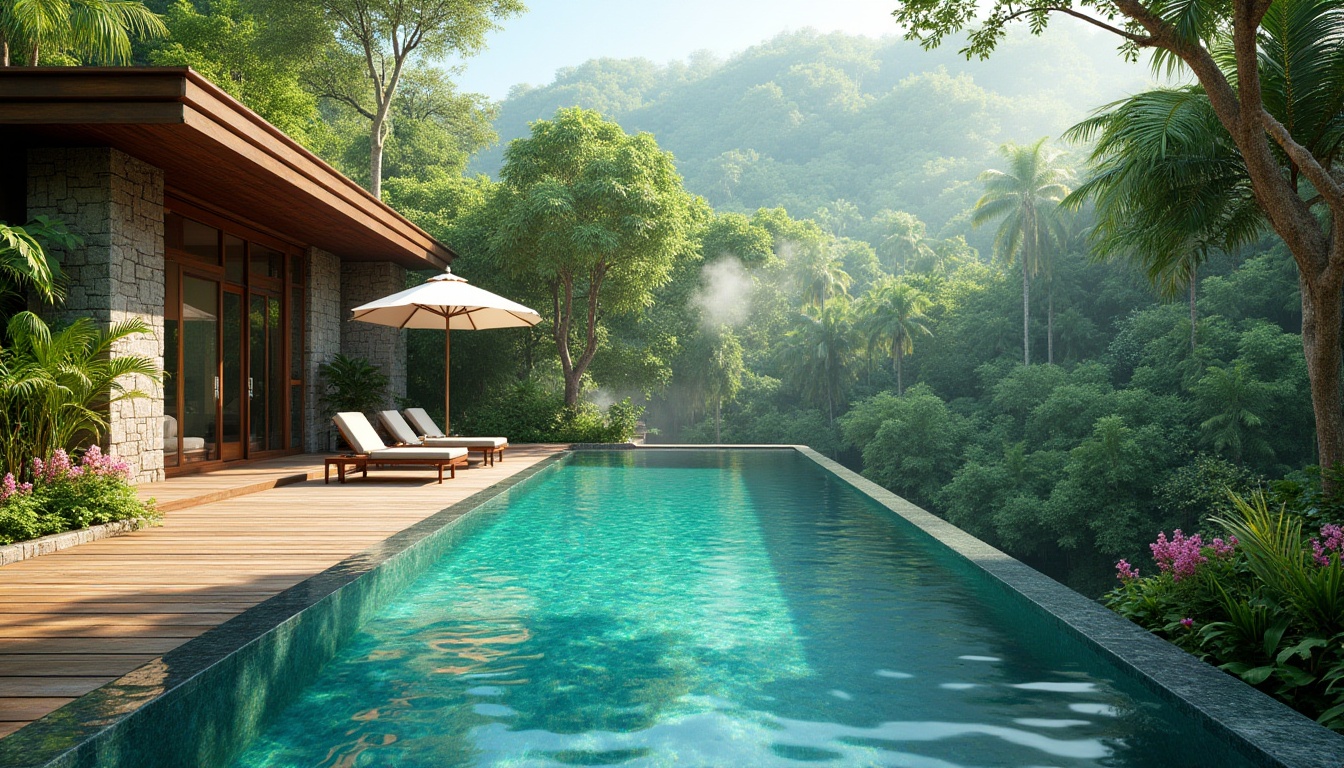 Prompt: Tropical swimming pool, infinity edge, merging with lush green forest, palm trees, vibrant flowers, natural stone walls, wooden decking, lounge chairs, umbrella, outdoor shower, warm sunny day, soft mist, gentle breeze, panoramic view, 3/4 composition, realistic rendering, ambient lighting, serene atmosphere.