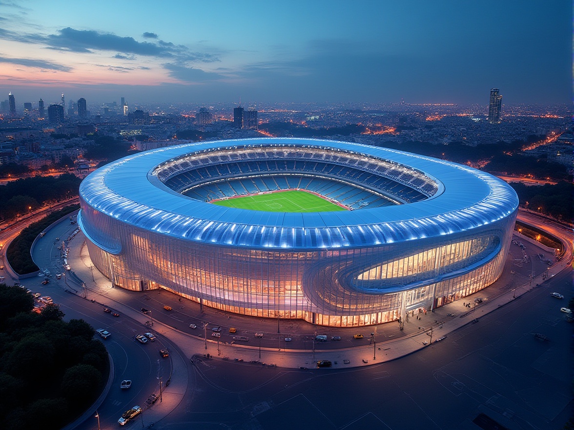 Prompt: Modern stadium facade, dynamic curves, translucent glass, silver aluminum frames, LED strip lights, gradient color effect, evening ambient lighting, cityscape background, metropolitan atmosphere, vibrant nightlife, aerial view, 3/4 composition, cinematic depth of field.