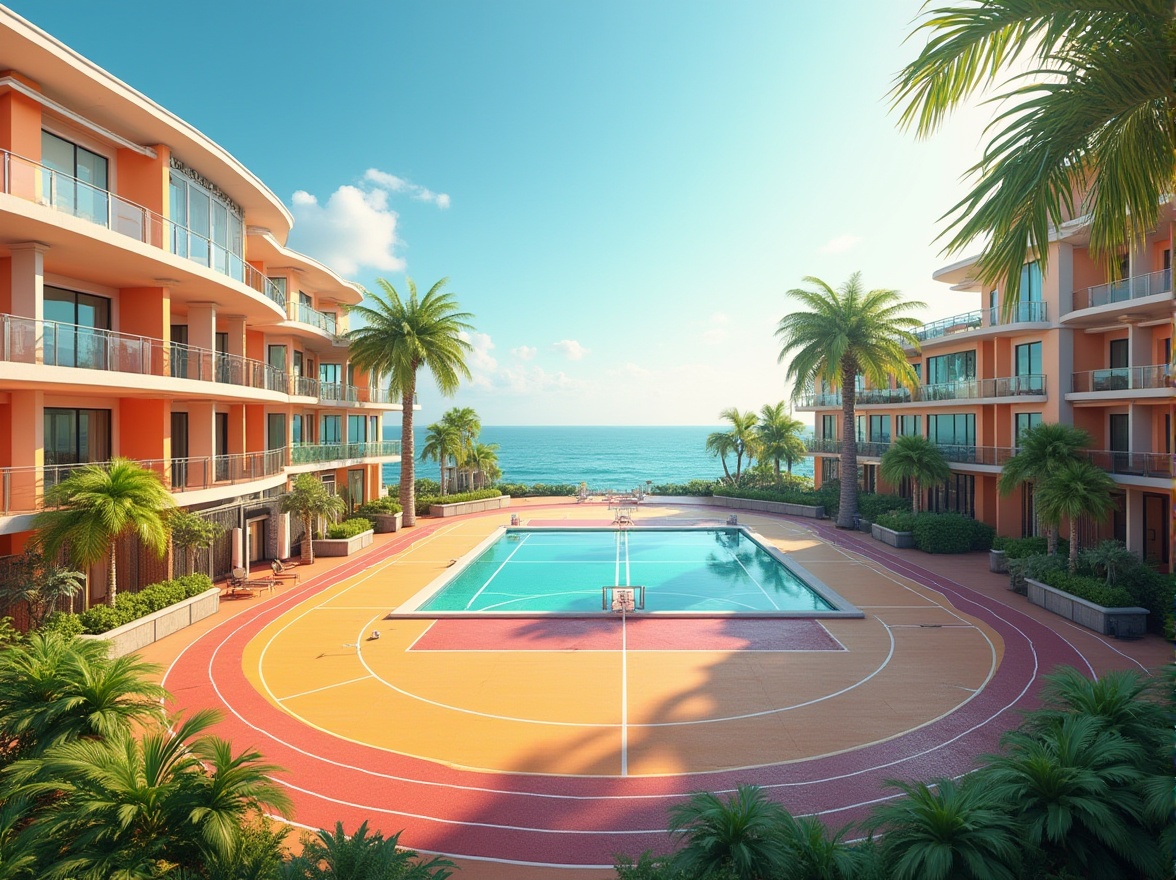 Prompt: Modern island gymnasium social housing project, tropical climate, vibrant colors, curved lines, large windows, natural light, athletic tracks, basketball courts, fitness equipment, community lounge, rooftop pool, ocean views, palm trees, lush greenery, bright blue skies, warm sunlight, 3/4 composition, soft focus background, shallow depth of field, architectural photography, realistic rendering, ambient lighting.