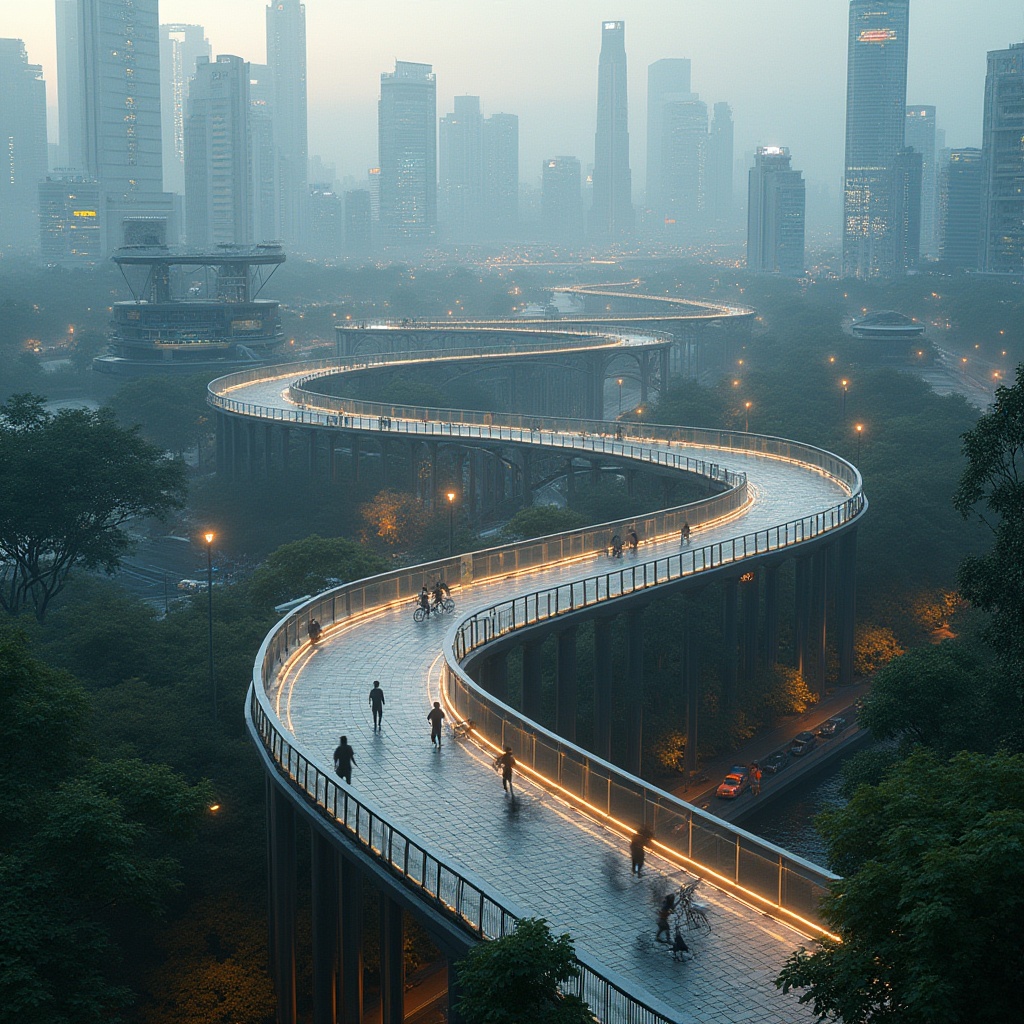 Prompt: Panoramic view, futuristic cityscape, multiple pedestrian bridges, curved lines, steel structure, glass flooring, modern architecture, urban planning, green spaces, trees alongside the bridge, vibrant streetlights, soft evening light, 3/4 composition, people walking, jogging, or cycling on the bridge, dynamic movement, blurred motion effect, shallow depth of field, atmospheric mist, cinematic mood, HDR, wide-angle lens.