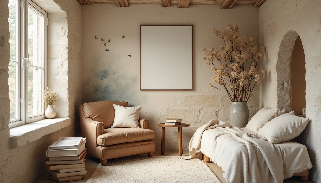 Prompt: Soft, muted color palette, warm beige tones, gentle creamy whites, pale blues reminiscent of a cloudy sky, earthy browns, subtle grays, natural textures, rough stone walls, wooden accents, vintage distressed finishes, nostalgic atmosphere, warm lighting, cozy interior, comfortable reading nook, old books, leather armchair, soft cushions, floral patterns, watercolor-inspired artwork, elegant simplicity, rustic charm.