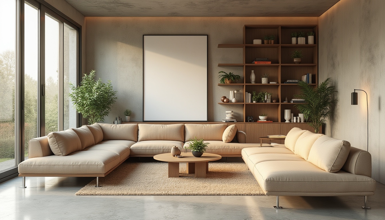 Prompt: Modern minimalist living room, spatial layout optimization, functionality prioritized, sleek low-profile sofa, geometric coffee table, floor-to-ceiling windows, natural light pouring in, plants on shelves, industrial-chic metal lamp, warm beige walls, polished concrete floors, clutter-free surfaces, 3/4 composition, panoramic view, softbox lighting, cinematic ambiance.