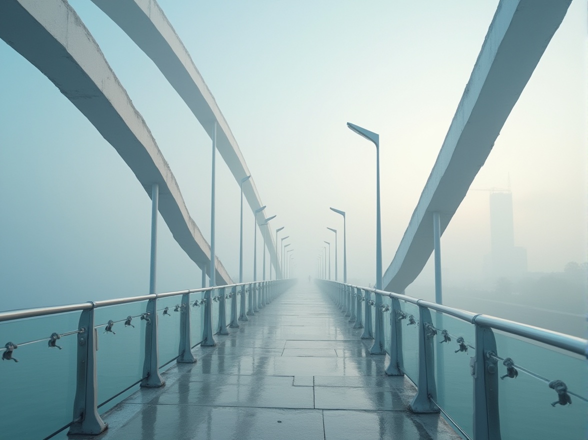 Prompt: Minimalist bridge, modern architecture, sleek lines, silver metal beams, transparent glass railings, simplistic lamp posts, subtle curves, urban landscape, misty morning, soft focus, cinematic composition, 3/4 view, low-angle shot, natural light, gentle shadows, calm atmosphere.