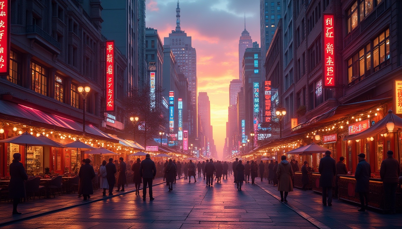 Prompt: Vibrant cityscape, sunset atmosphere, warm orange hues, deep blues, rich purples, neon lights reflecting off skyscrapers, bustling streets, crowded sidewalks, fashionably dressed pedestrians, trendy cafes, street performers, lively music, dynamic composition, high contrast, cinematic lighting, shallow depth of field.