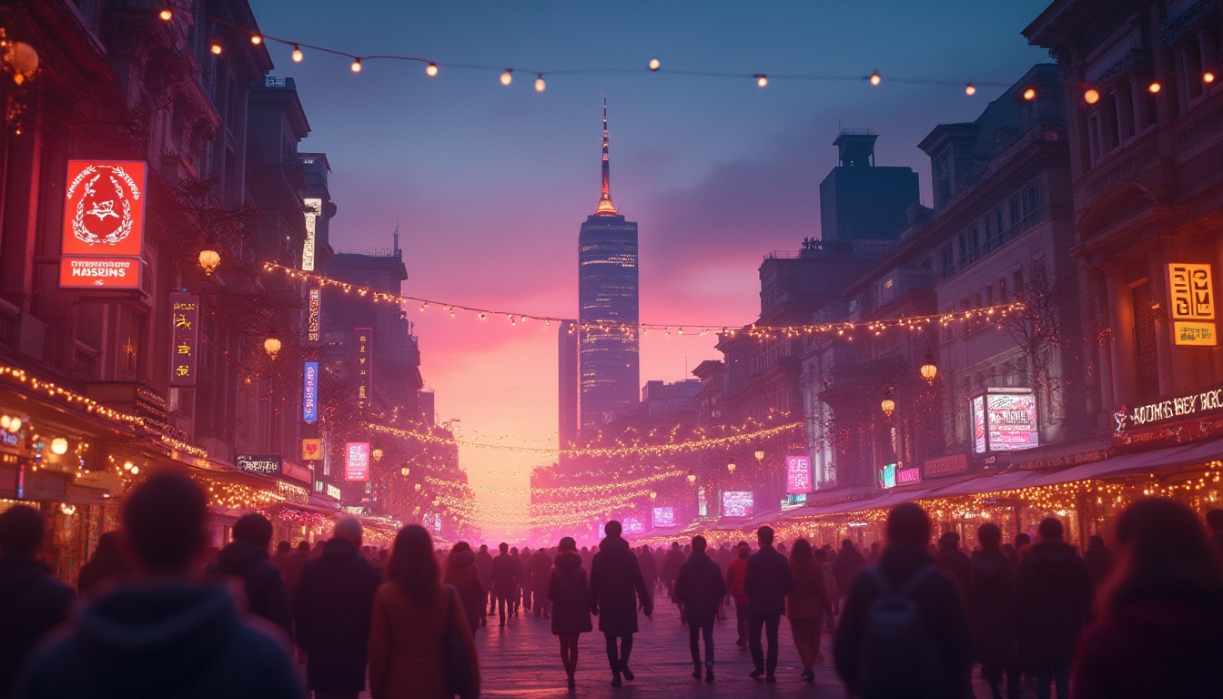 Prompt: Vibrant color palette, warm sunset hues, orange, pink, purple, soft pastel shades, glowing neon lights, dark blue night sky, cityscape, skyscraper, bustling streets, crowd of people, festive atmosphere, joyful mood, dynamic composition, low-angle shot, dramatic lighting, cinematic feel.