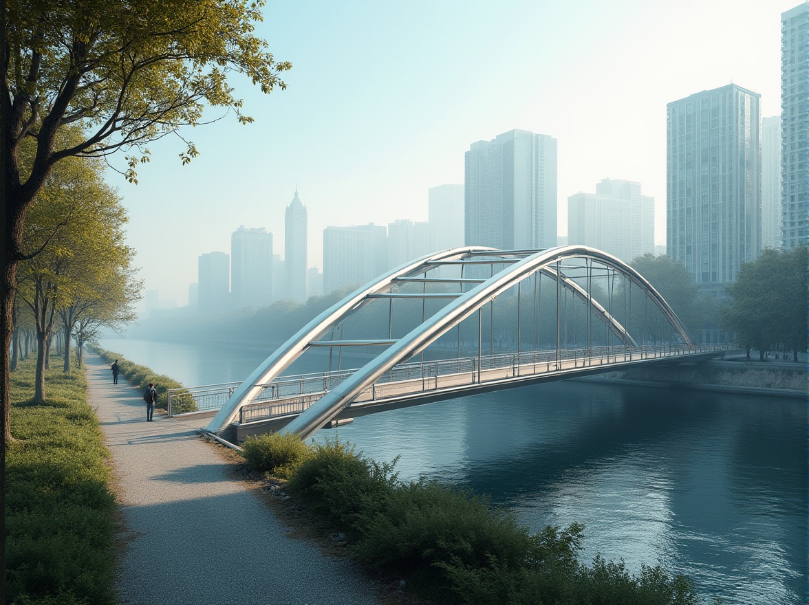 Prompt: Modern minimalist bridge, sleek lines, smooth curves, silver metal material, subtle texture, urban cityscape background, daytime, soft natural light, gentle shadows, subtle reflections on water surface, riverbank with lush greenery, few pedestrians walking, 3/4 composition, low-angle shot, atmospheric mist.