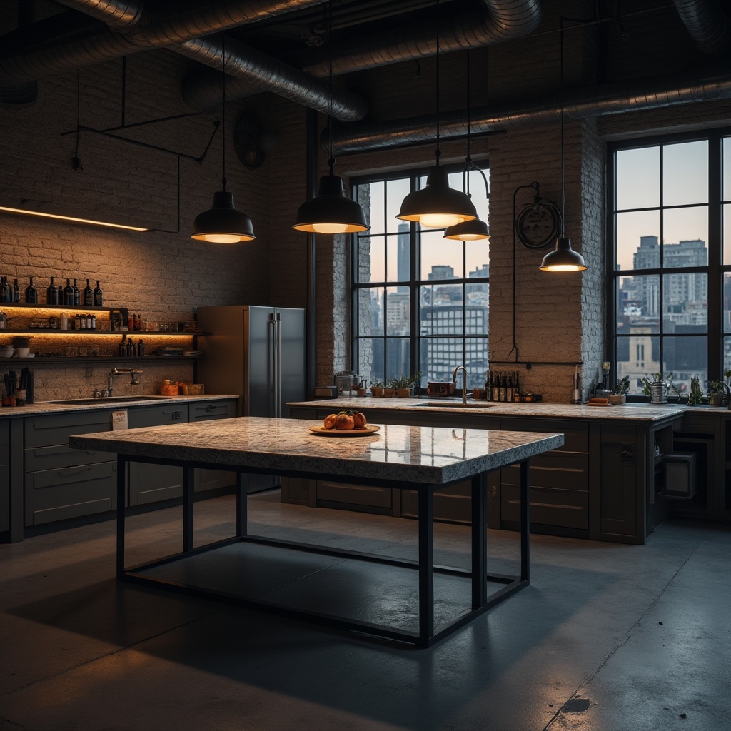 Prompt: Industrial urban workshop, minimalist style, granite countertops, polished finish, subtle texture, metal legs, wooden accents, modern lighting fixtures, cement floor, exposed ductwork, cityscape view, evening light, dramatic shadows, high contrast, 3/4 composition, shallow depth of field, cinematic mood, dark tone.