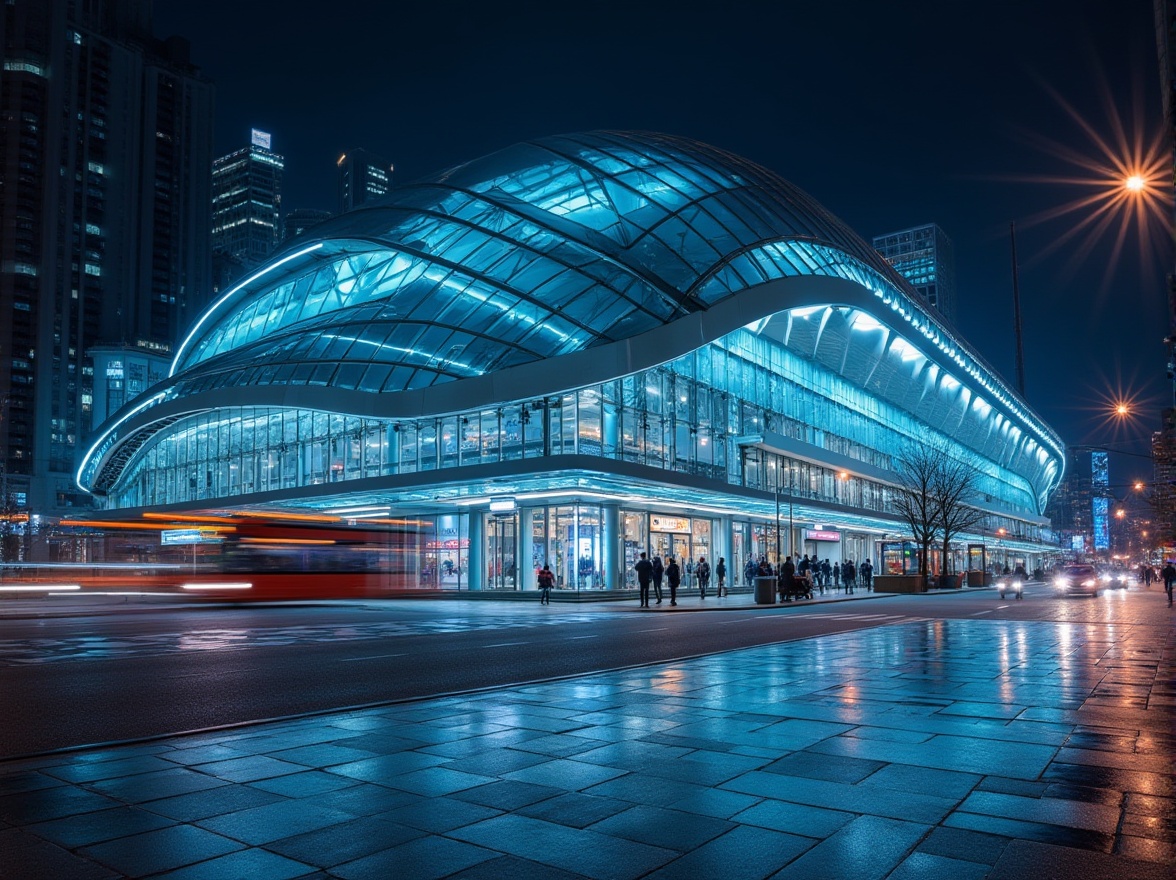 Prompt: Modern metro station facade, futuristic architecture, LED light strips, sleek glass walls, curved steel beams, urban landscape, city square, pedestrian traffic, bus stop nearby, vibrant nighttime illumination, 3/4 composition, low-angle shot, dynamic lighting effects, metallic texture, reflective surfaces, angular lines, geometric patterns, bustling atmosphere, busy streetscape.