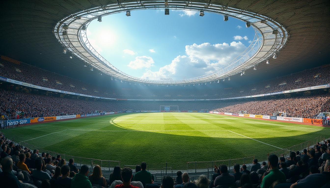 Prompt: Stadium, sports event, vibrant atmosphere, cheering crowd, bright floodlights, green grass, detailed texture, realistic shading, 3D modeling, metallic bleachers, comfortable cushions, weathered concrete, rusty fences, worn-out athletic tracks, shiny scoreboard, transparent glass roof, natural light pouring in, dramatic shadowing, low-angle shot, cinematic composition.