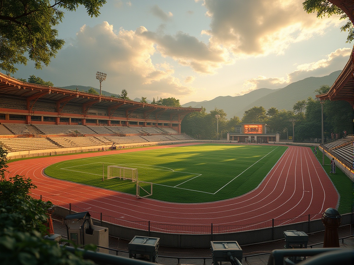 Prompt: Neoclassical sports field, copper accents, ornate details, grandstand with copper trims, athletic tracks with copper-colored lanes, copper-plated goalposts, elegant curves, symmetrical composition, warm afternoon sunlight, soft shadows, lush green grass, majestic trees surrounding the field, vintage-style scoreboard with copper frames, copper-toned floodlights, dramatic clouds in the background, cinematic depth of field, vibrant colors, realistic textures.