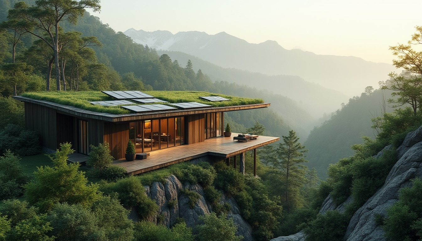 Prompt: Villa, modern minimalist, green roof, solar panels, floor-to-ceiling windows, wooden accents, lush greenery, surrounding forest, misty mountains, morning fog, warm sunlight, gentle breeze, natural stone walls, curved lines, blending into nature, seamless transition, organic architecture, harmony with environment, 3/4 composition, soft focus, atmospheric perspective.