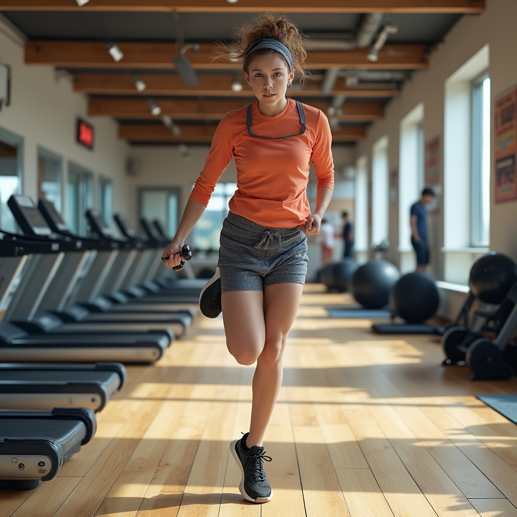 Prompt: Modern gym interior, bright lighting, wooden floor, various exercise equipment, treadmills, dumbbells, yoga mats, fitness balls, mirrors, motivational posters, clean and organized atmosphere, healthy young adults, sporty casual wear, sweatbands, headphones, energetic poses, dynamic movements, jumping, stretching, lifting weights, intense facial expressions, vivid colors, shallow depth of field, contrast highlights, 3/4 composition, symmetrical framing, morning natural light.