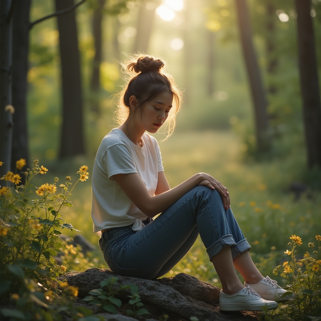 Prompt: Natural integration, blending with the environment, woman, 25yo, relaxed posture, messy bun hair, no makeup, casual wear, jeans, white T-shirt, sneakers, sitting on a rock, forest surroundings, trees towering above, sunlight filtering through leaves, gentle breeze rustling foliage, wildflowers blooming around her, subtle facial expression, soft focus, warm lighting, shallow depth of field, cinematic composition.