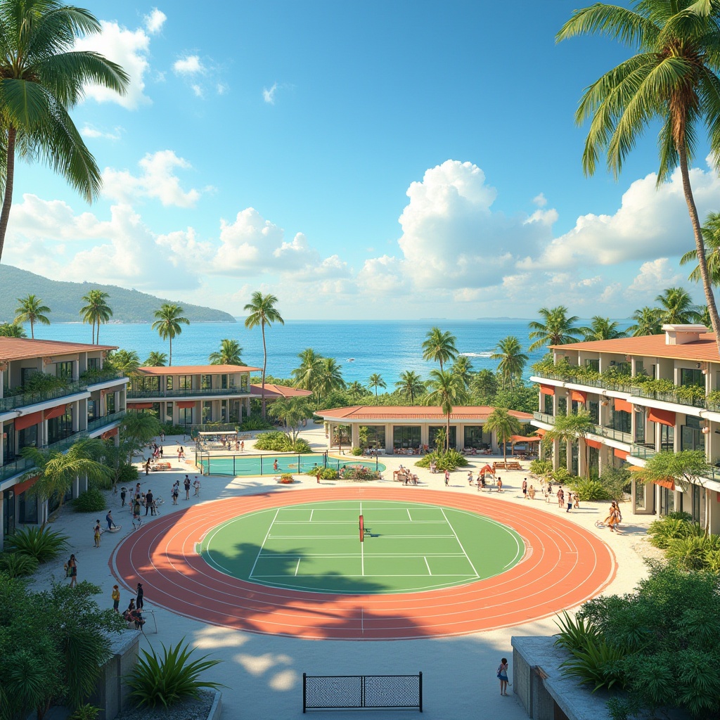 Prompt: Modern island gymnasium social housing project, tropical climate, vibrant colors, palm trees surrounding, clear blue sky, white sandy beach, distant sailboats, athletic track and field, basketball court, tennis court, outdoor fitness equipment, modern architecture, large windows, natural ventilation, sustainable building materials, eco-friendly design, community garden, playground for kids, recreational spaces, outdoor seating areas, happy residents exercising, playing, socializing, sunny day, warm lighting, 3/4 composition, panoramic view.