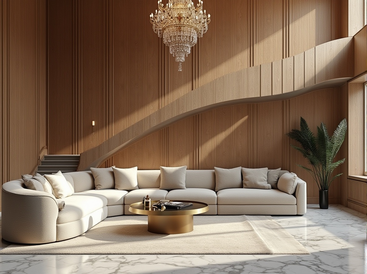 Prompt: Luxury interior design, high-end materials, marble floor, velvet sofa, oak wood paneling, crystal chandelier, metallic accents, soft carpet, grand staircase, ornate details, modern minimalist architecture, daytime, natural light pouring in, subtle shadows, 3/4 composition, cinematic lighting.