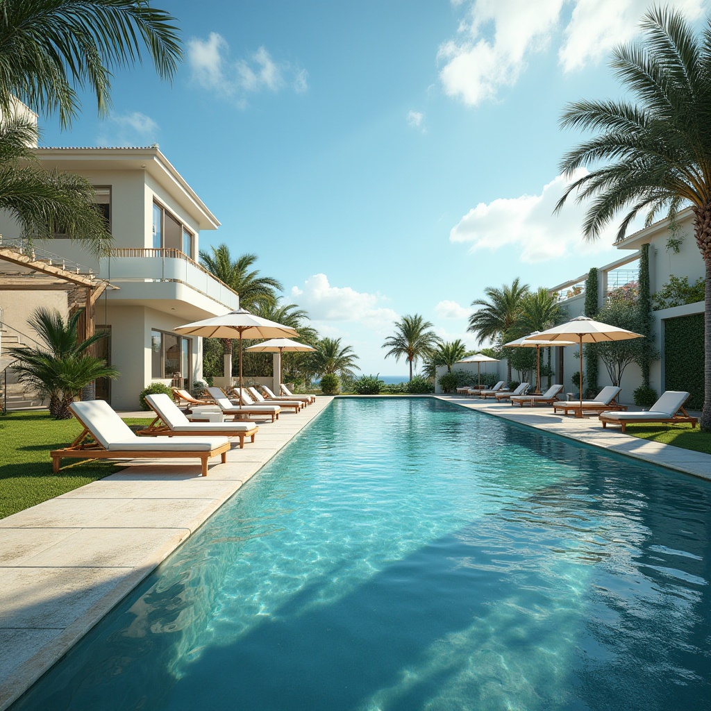 Prompt: Luxurious backyard, inviting outdoor space, sunny day, clear blue sky, large infinity pool, crystal clear water, gentle waves, lounge chairs, parasol umbrellas, tropical plants, palm trees, green grass, stone pavement, wooden deck, staircases, modern villa, Mediterranean style architecture, warm ambient lighting, soft focus, shallow depth of field.