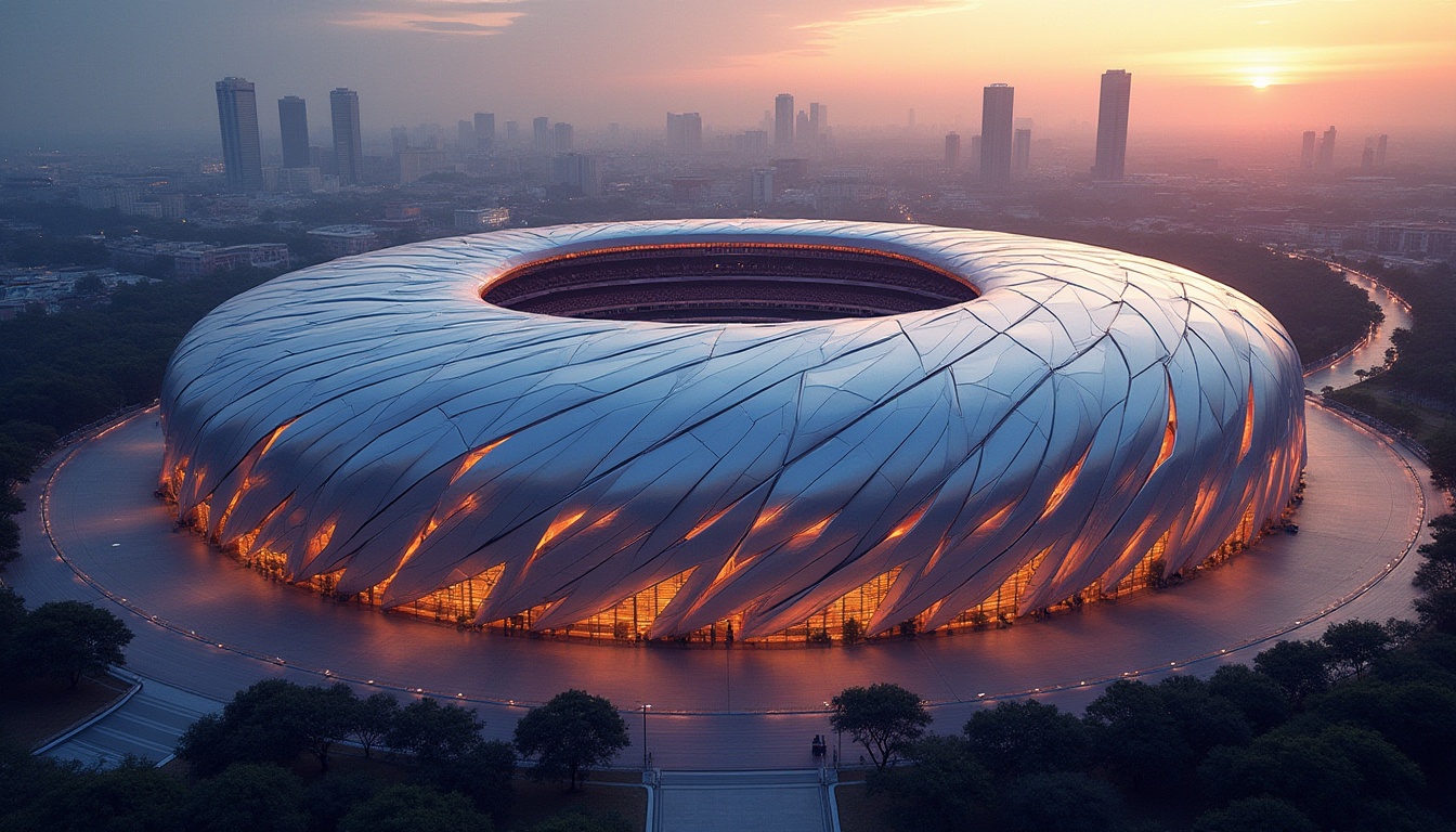 Prompt: Modern stadium facade, geometric shape, angular lines, metallic material, reflective surface, LED lights, dynamic patterns, urban landscape, cityscape background, evening scene, warm ambient lighting, dramatic shadows, aerial perspective, high-angle shot, 3/4 composition, abstract architecture, futuristic feel, vibrant colors.