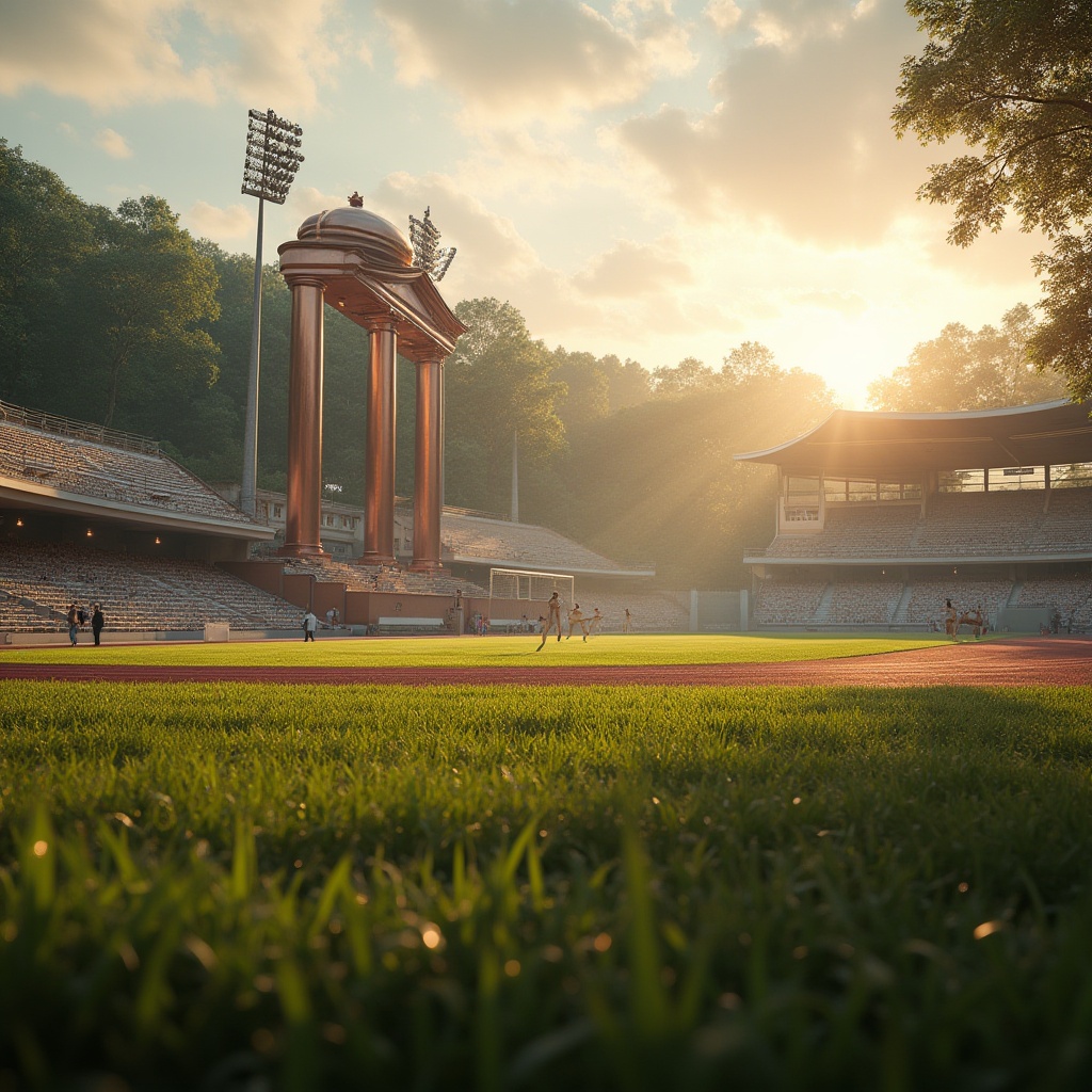 Prompt: Neoclassical sports field, copper material incorporated into stadium architecture, ornate copper gates, copper-plated goalposts, copper-accented scoreboard, majestic copper statues of athletes, lush green grass, vibrant track lanes, evening sun casting a warm glow, soft focus on surrounding trees, subtle mist effect, warm ambient lighting, dramatic low-angle shot, 3/4 composition, depth of field, realistic textures, high contrast, cinematic mood.