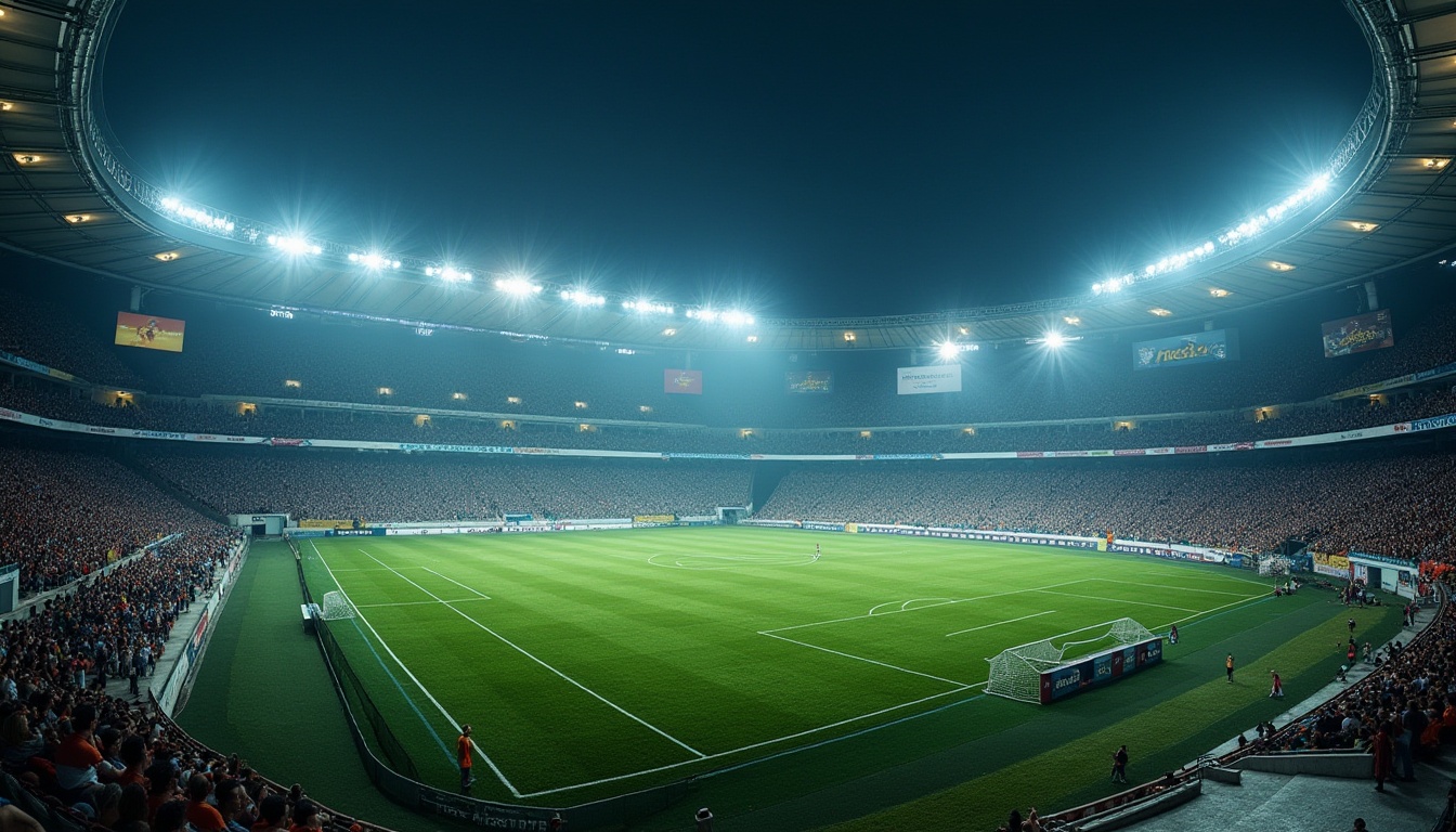 Prompt: Sports stadium, night scene, vibrant atmosphere, cheering crowd, realistic detailed seats, green grass field, white lines, goalposts, floodlights, metallic structure, concrete walls, rusty gates, worn-out stone stairs, shiny advertising boards, HD giant screens, dynamic lighting, 3/4 composition, low-angle shot, cinematic mood, misty fog effect.