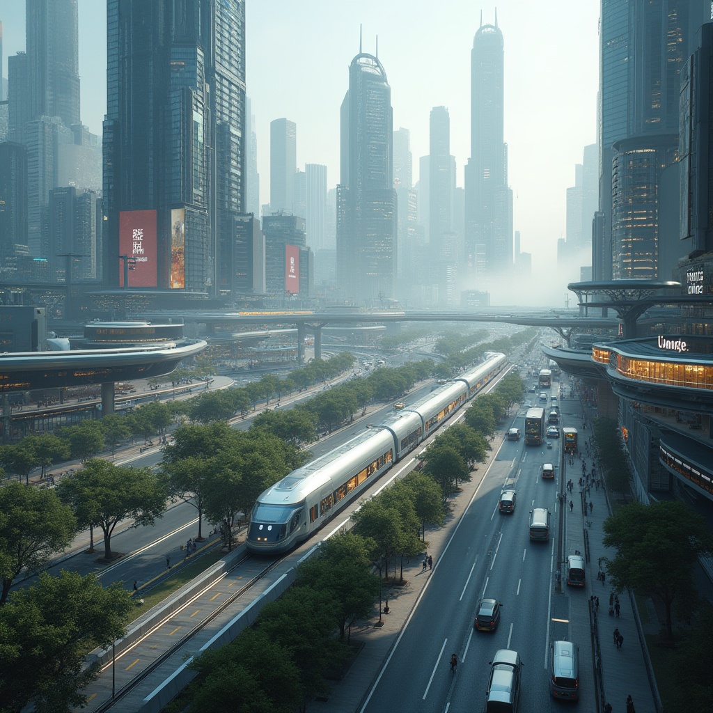 Prompt: Futuristic transportation hub, seamless integration, cityscape, skyscrapers, modern architecture, sleek lines, metallic materials, glass façades, LED lights, holographic advertisements, bustling streets, pedestrians, buses, trains, hyperloops, autonomous vehicles, drones, trees, green roofs, urban parks, misty atmosphere, morning light, soft focus, depth of field, cinematic composition.