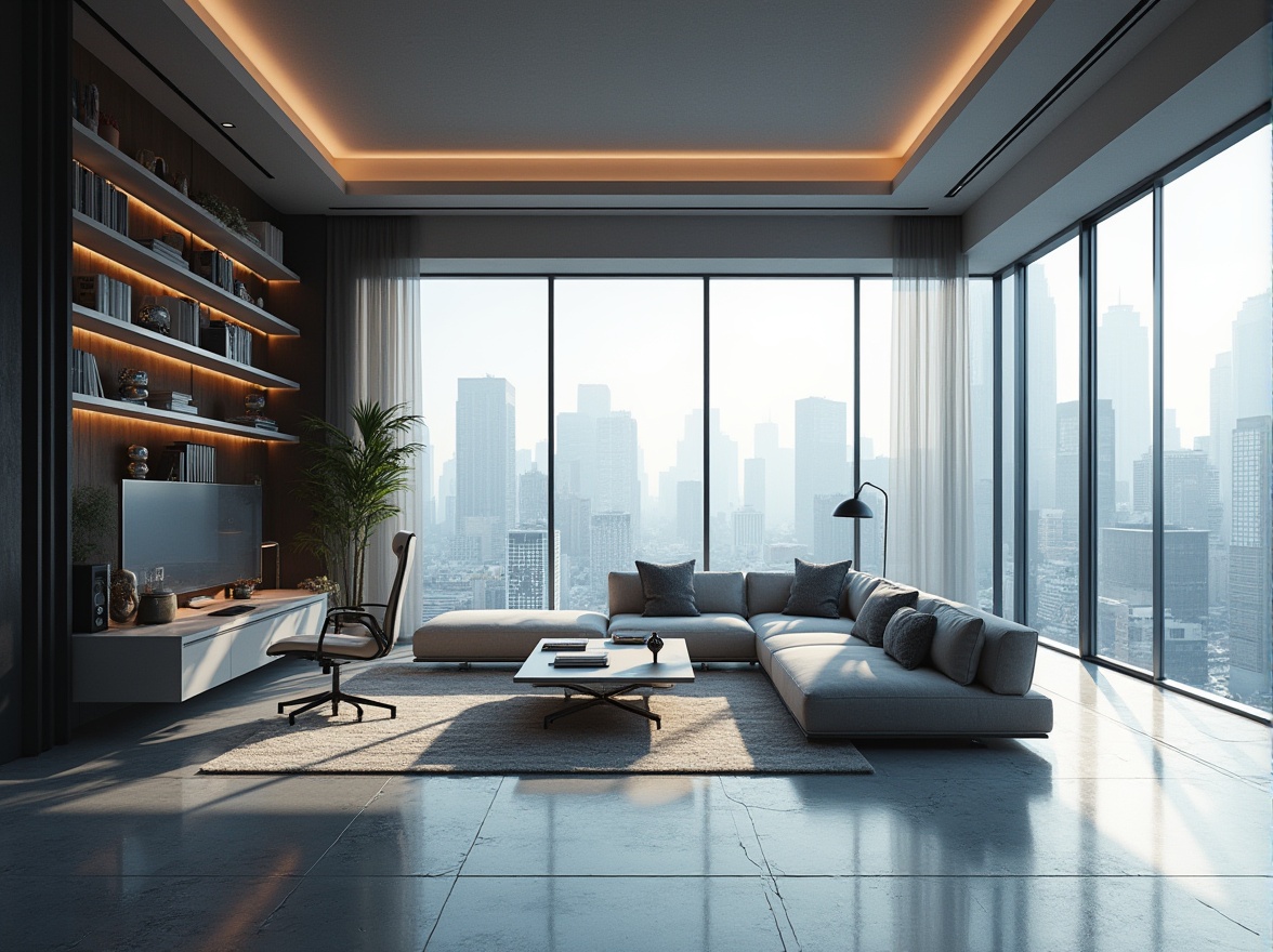 Prompt: Modern minimalist interior, spacious open-plan living area, large windows with cityscape view, sleek low-profile furniture, gray tone-on-tone color scheme, industrial-chic metal accents, geometric patterned rug, floor-to-ceiling bookshelf, floating desk with ergonomic chair, hidden LED lighting, airy atmosphere, 3/4 composition, softbox lighting, shallow depth of field, futuristic ambiance.