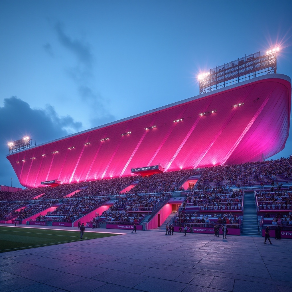 Prompt: Fuchsia stadium, bold architecture, vibrant fuchsia exterior walls, sleek modern design, sharp angular lines, floodlights illuminating at night, grand entrance gates, stairs leading up to seating areas, fuchsia and silver stripes on seats, excited crowd, sports event atmosphere, bright sunny day, clear blue sky, dramatic shadows, wide-angle shot, cinematic composition.