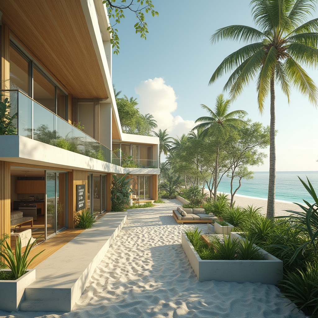 Prompt: Sustainable island gymnasium social housing, eco-friendly architecture, solar panels on roof, green walls, recyclable materials, energy-efficient windows, natural ventilation system, minimal carbon footprint, modern minimalist interior design, wooden accents, large communal spaces, open-plan living areas, floor-to-ceiling windows, ocean views, tropical plants, palm trees, white sandy beach, calm turquoise waters, sunny day, soft warm lighting, shallow depth of field, 3/4 composition, cinematic atmosphere.