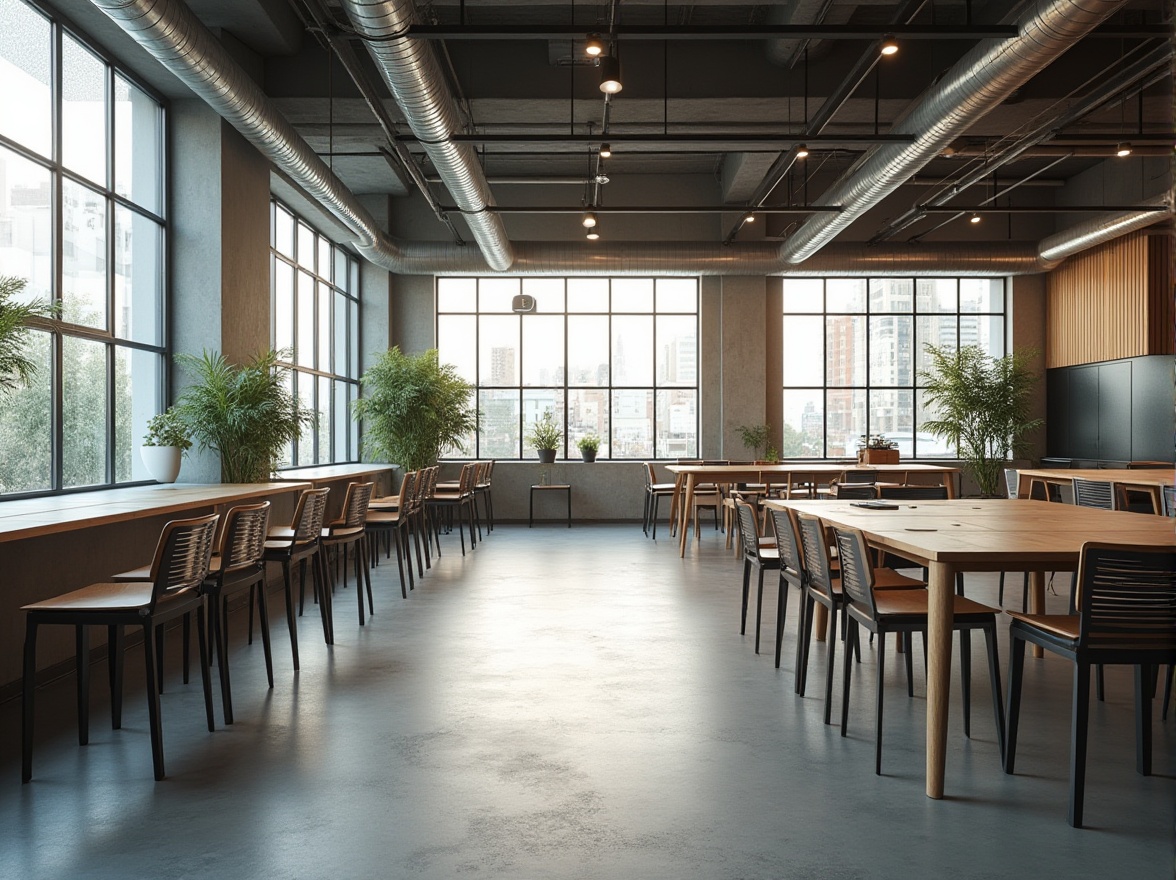 Prompt: Urban minimalism workshop, functional spaces, modern industrial interior, concrete floor, metal beams, minimalist decor, abundant natural light, large windows, cityscape view, sleek wooden tables, ergonomic chairs, creative lighting fixtures, green plants, urban jungle feel, afternoon softbox lighting, 3/4 composition, shallow depth of field, neutral color palette, Scandinavian design influence.