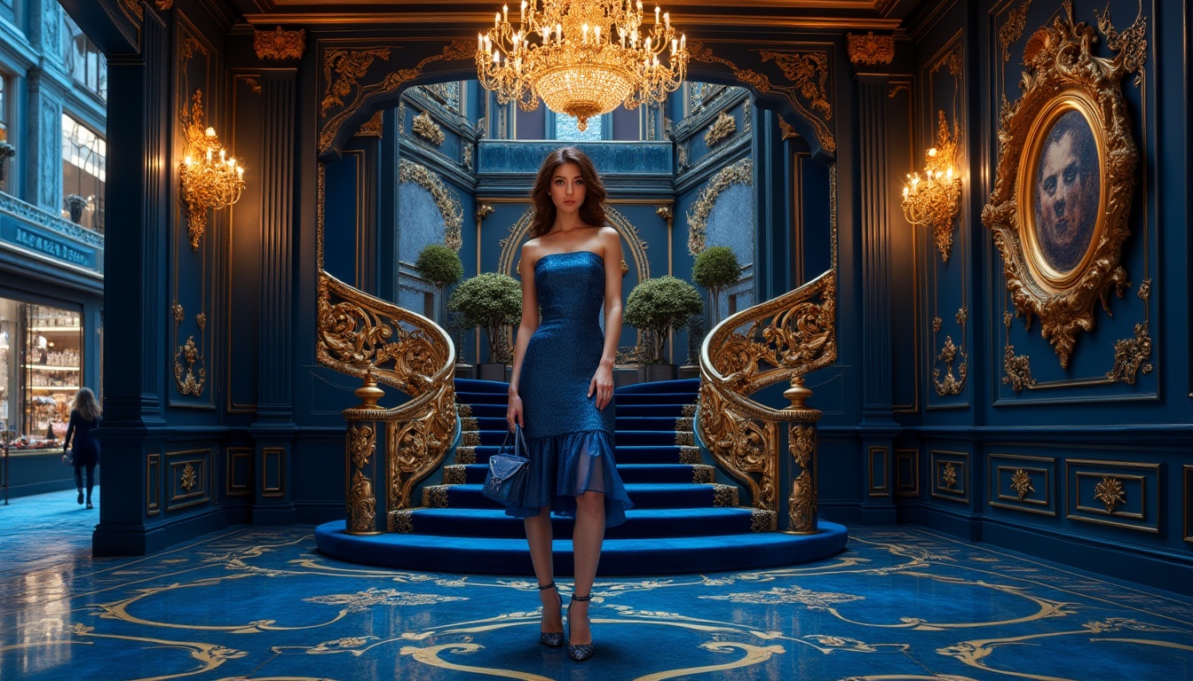 Prompt: Vibrant color palette, sapphire blue dominant, luxurious gold accents, rich velvet textures, ornate Baroque patterns, lavish interior design, opulent chandelier, grand staircase, high-end fashion brand, boutique storefront, cityscape at dusk, sophisticated urban lifestyle, 3/4 composition, soft warm lighting, cinematic atmosphere, elegant woman in the foreground, designer handbag and heels, posing confidently.