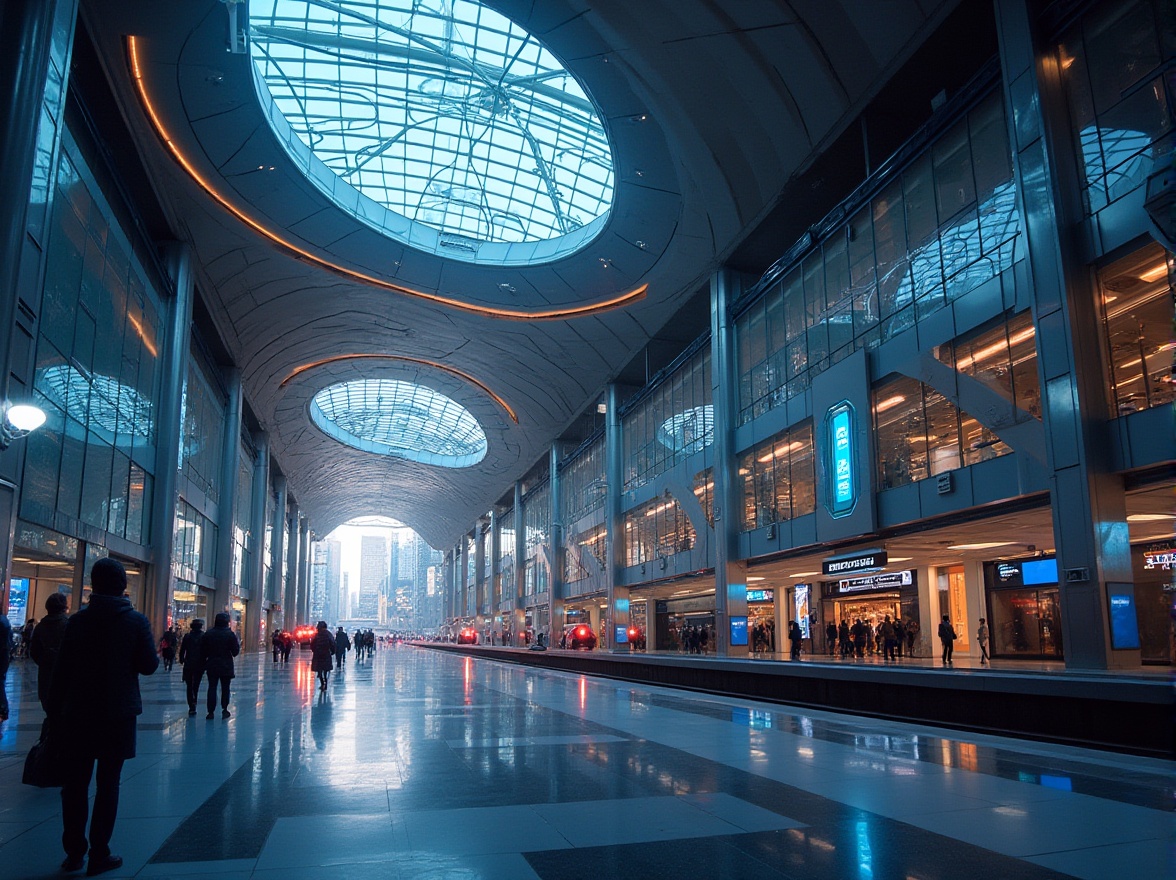 Prompt: Modern metro station, futuristic architecture, sleek glass facade, curved lines, neon lights, urban atmosphere, cityscape, evening scene, pedestrian traffic, bustling streets, abstract patterns, LED display screens, stainless steel accents, geometric shapes, transparent roof, natural light pouring in, vibrant color scheme, dynamic angles, low-angle shot, cinematic composition, high contrast, warm ambiance.