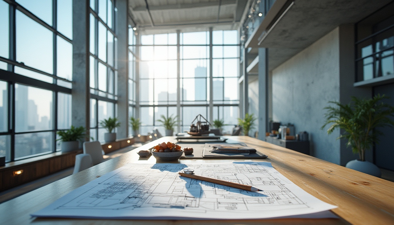 Prompt: Modern architectural design, sleek lines, geometric shapes, metal beams, glass panels, concrete pillars, steel frames, minimalist aesthetic, urban cityscape, skyscraper background, blueprints, technical drawings, ruler and pencil on desk, designer's hands holding model, natural light pouring in through large windows, 3/4 composition, shallow depth of field, cinematic lighting, HDRI.