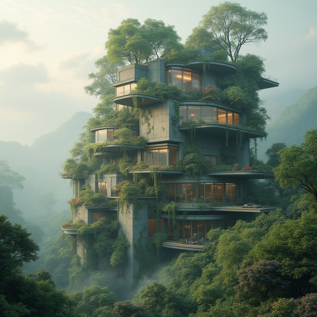 Prompt: Surreal landscape integration, blending architecture with nature, futuristic skyscraper, vines crawling up walls, trees growing out of windows, flowers blooming on rooftops, misty atmosphere, soft warm lighting, gentle fog rolling in, panoramic view, 3/4 composition, cinematic depth of field, vibrant greenery, intricate stone carvings, smooth wooden accents, glass and steel fusion, serene ambiance.