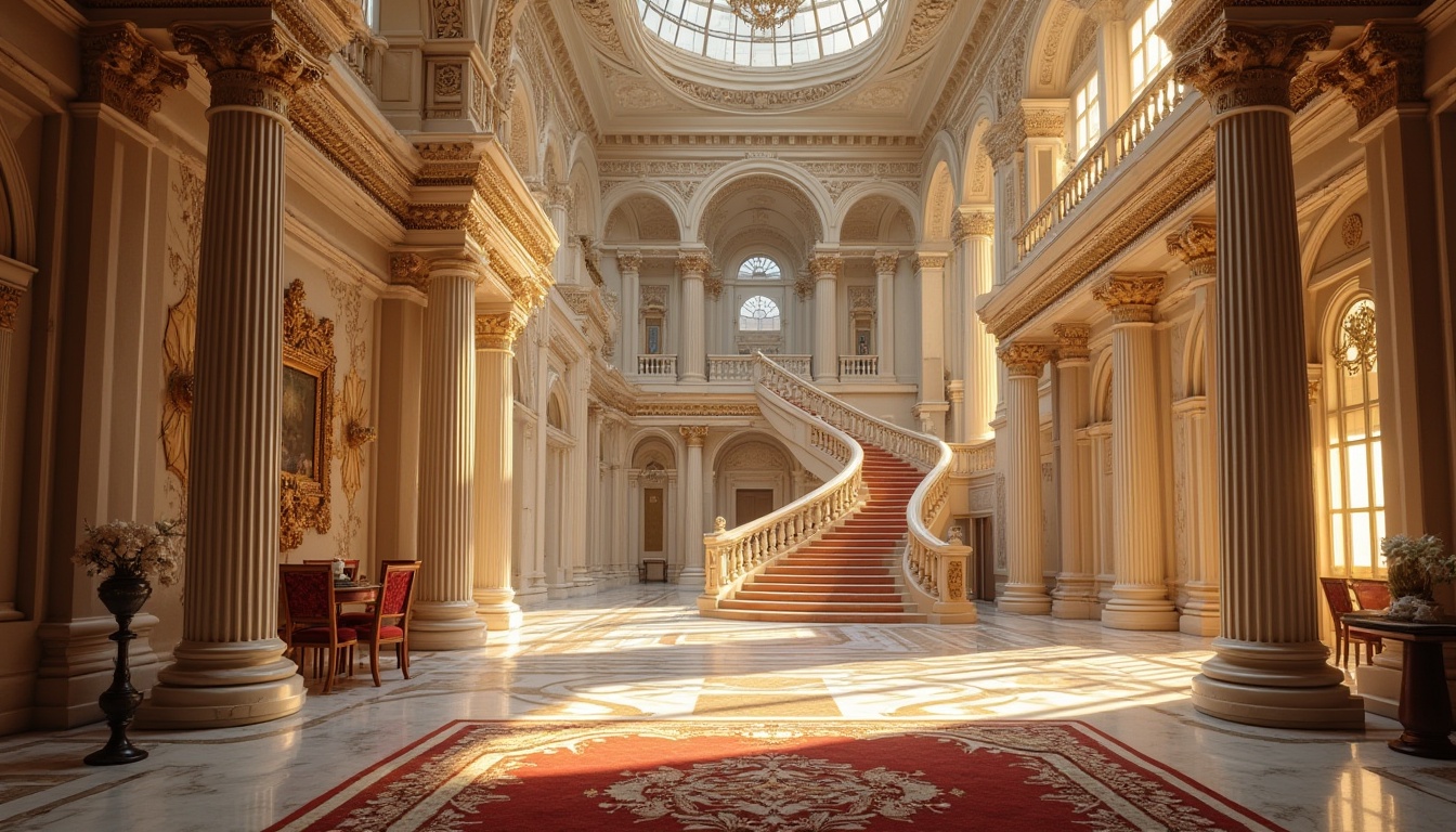 Prompt: Grandiose neoclassical building, intricate architectural detailing, ornate columns, carved marble facades, grand staircase, high ceilings, crystal chandeliers, luxurious rugs, lavish furnishings, Roman arches, domed roof, exquisite moldings, pilasters, sculpted stone walls, symmetrical composition, warm golden lighting, soft focus, high-contrast, 3/4 view, Renaissance-inspired, opulent atmosphere.