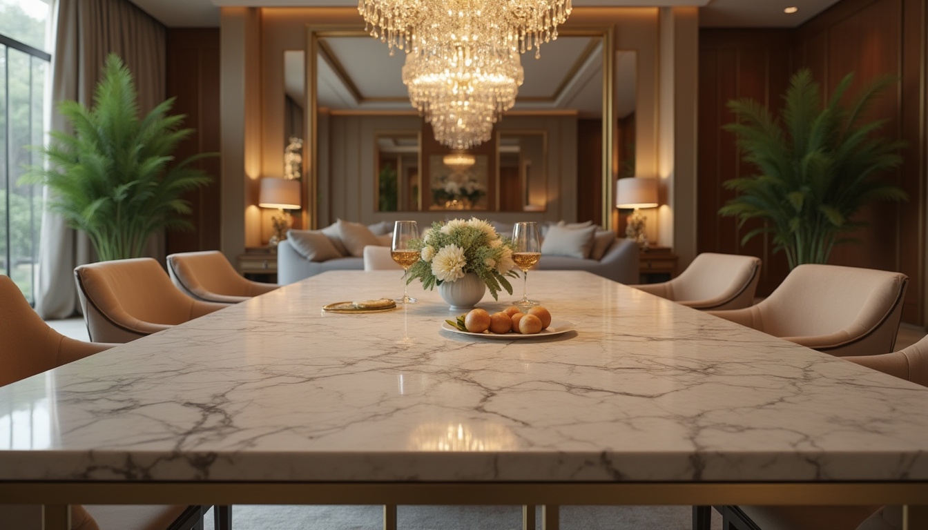 Prompt: Luxury interior design, high-end furniture, marble tabletop, velvet upholstery, wooden legs, golden metal frame, crystal chandelier, ambient lighting, 3/4 composition, close-up shot, shallow depth of field, soft focus, warm color tone, elegant atmosphere, modern architecture, villa setting, natural scenery background, subtle texture, intricate pattern.