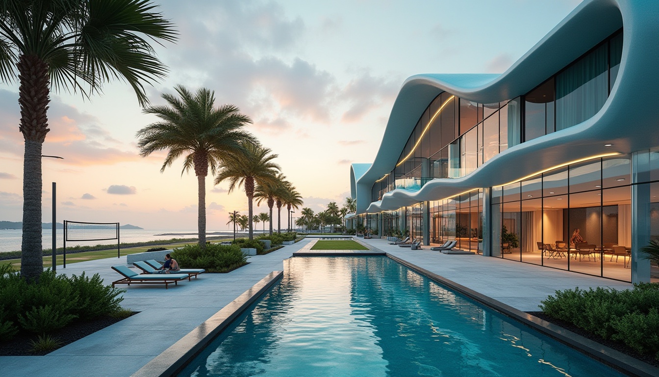 Prompt: Modern island gymnasium, futuristic architecture, angular lines, transparent glass walls, sleek metallic frames, ocean-inspired color palette, turquoise accents, wave-shaped rooflines, open-air courtyard, tropical plants, palm trees, beach volleyball court, athletic track, state-of-the-art exercise equipment, floor-to-ceiling windows, panoramic views of the surrounding island, sunset lighting, soft warm glow, dramatic shadows, 3/4 composition, symmetrical balance, dynamic angles, vibrant textures, realistic rendering.