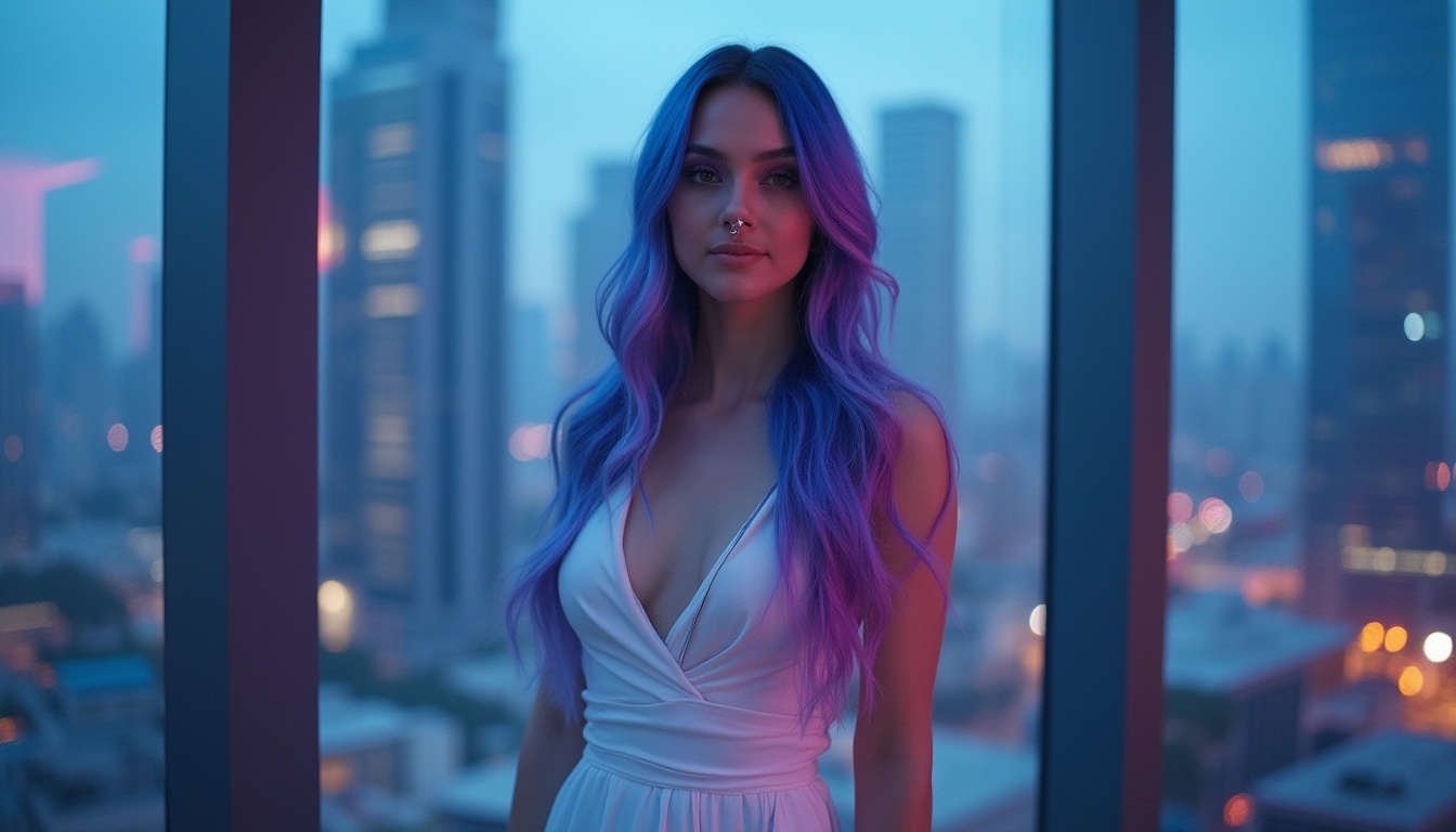 Prompt: Modern, trendy woman, standing confidently, blue-violet hair, bold violet eye shadow, subtle nose ring, sleek high heels, fitted white dress with blue-violet ombre effect, flowing silk fabric, draped elegantly on the body, cityscape at dusk, skyscraper background, neon lights reflecting off the window, vibrant nightlife ambiance, 3/4 composition, soft focus on the hair, sharp focus on the eyes, cinematic lighting, HDR.