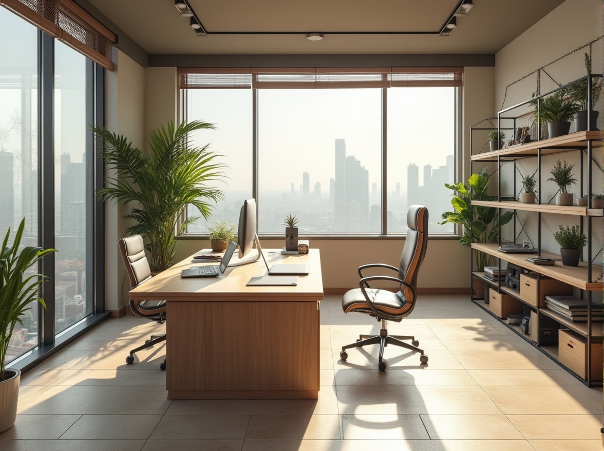 Prompt: modern minimalist office interior, functional layout, efficient workspace, wooden desk, ergonomic chair, green plants, floor-to-ceiling windows, natural light, cityscape view, sleek metal shelves, organized storage, wireframe decorations, geometric patterns, calm atmosphere, warm beige color scheme, softbox lighting, 3/4 composition, shallow depth of field.